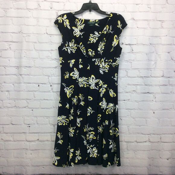 Lauren Ralph Lauren Dress Womens 12 Navy Yellow/White Floral V Neck Empire Waist - Picture 1 of 9